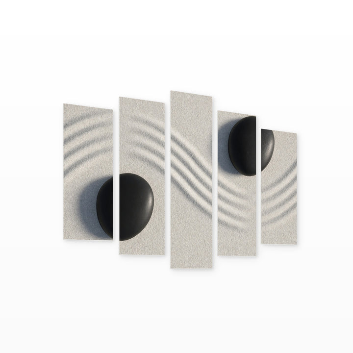 Zen Garden with Geometric Rhythm — five-panel wall art on white background in perspective | 5wallart 54767 M1