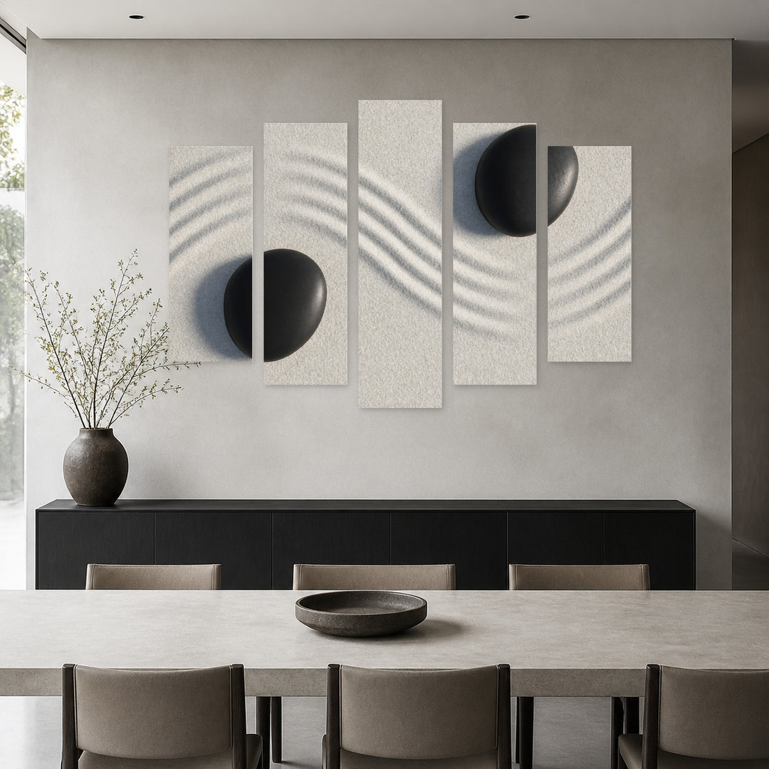 Zen Garden with Geometric Rhythm — five-panel wall art in alternate frontal interior | 5wallart 54767 M4