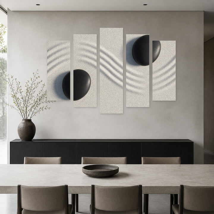 Zen Garden with Geometric Rhythm — five-panel wall art in alternate frontal interior | 5wallart 54767 M4