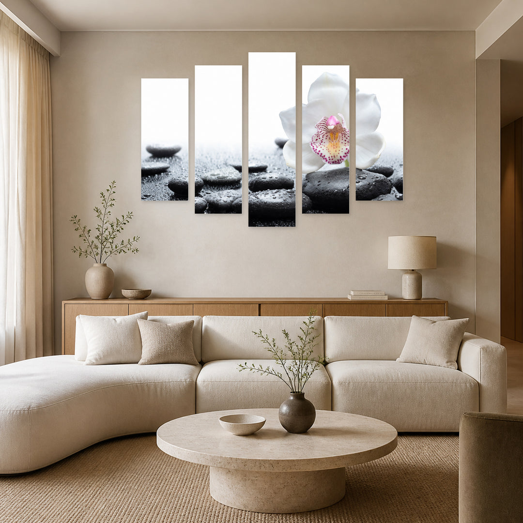 White Orchid and Black Stones in Serene Light — five-panel wall art in frontal interior | 5wallart 54769 M3