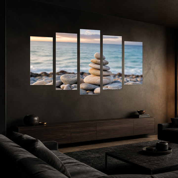 Zen Balanced Stones in Serene Light — five-panel wall art in perspective interior | 5wallart 54771 M2