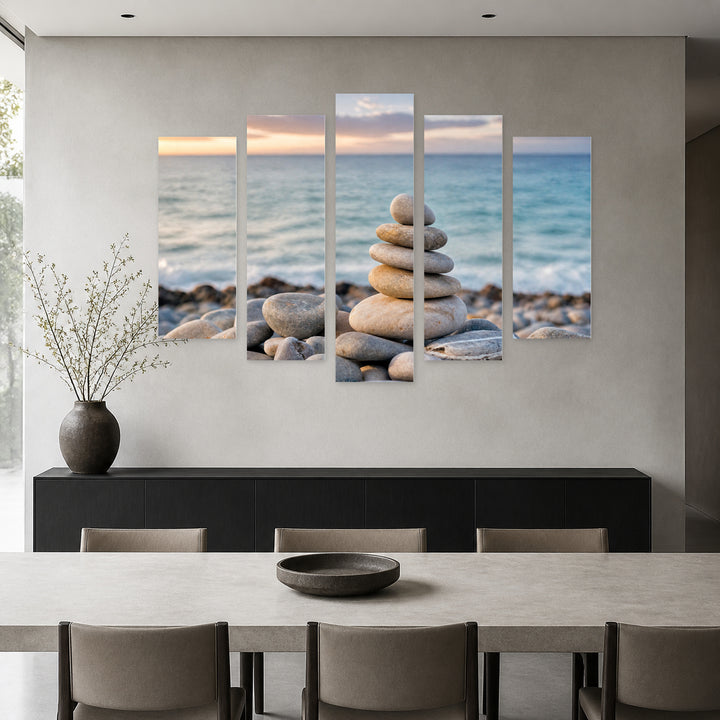 Zen Balanced Stones in Serene Light — five-panel wall art in alternate frontal interior | 5wallart 54771 M4