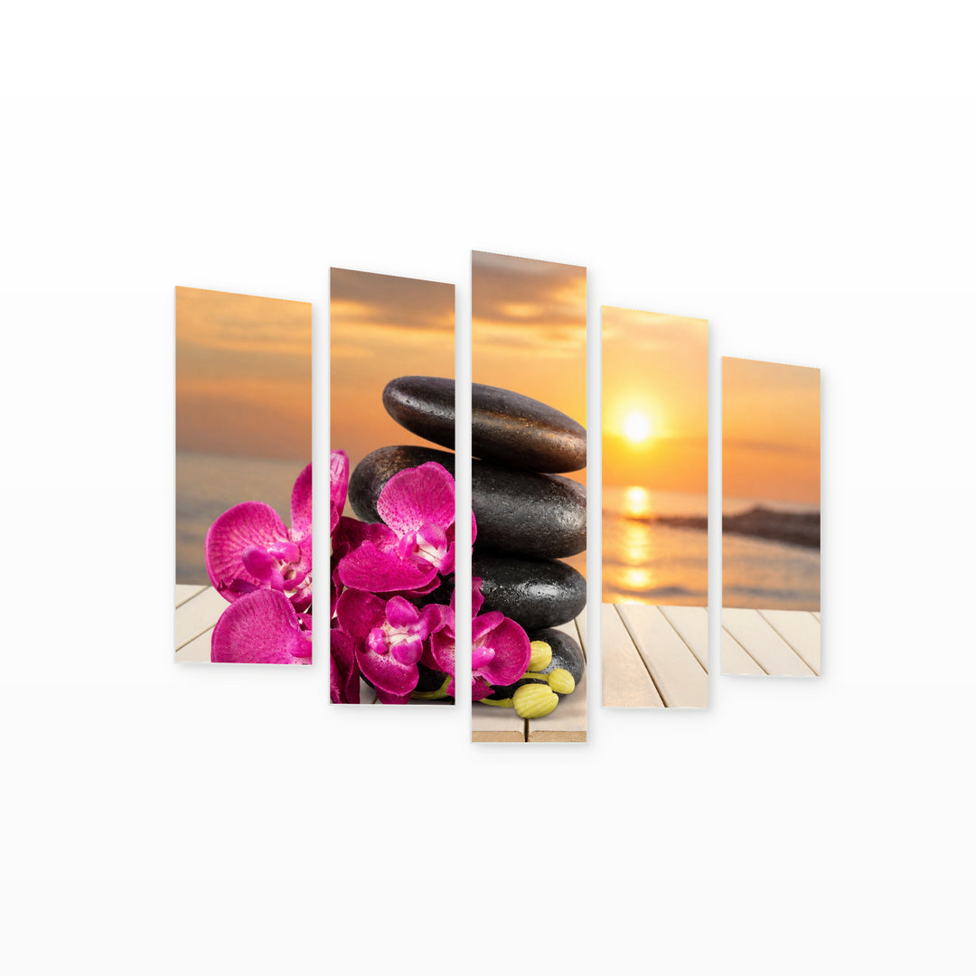 Zen Basalt Stones and Flowers with Geometric Rhythm — five-panel wall art on white background in perspective | 5wallart 54772 M1