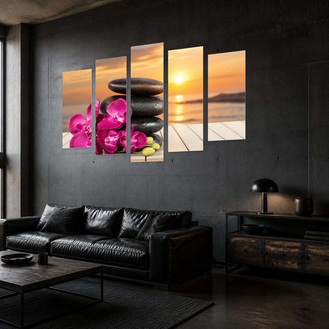 Zen Basalt Stones and Flowers with Geometric Rhythm — five-panel wall art in perspective interior | 5wallart 54772 M2