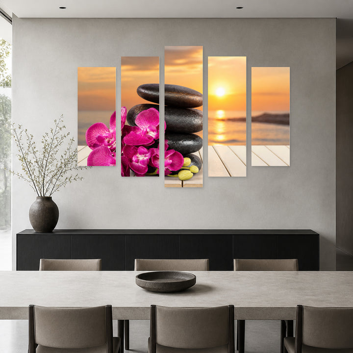 Zen Basalt Stones and Flowers with Geometric Rhythm — five-panel wall art in frontal interior | 5wallart 54772 M3