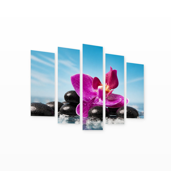 Zen Setting in Serene Light — five-panel wall art on white background in perspective | 5wallart 54773 M1
