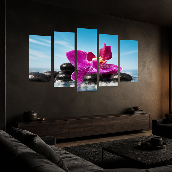 Zen Setting in Serene Light — five-panel wall art in perspective interior | 5wallart 54773 M2