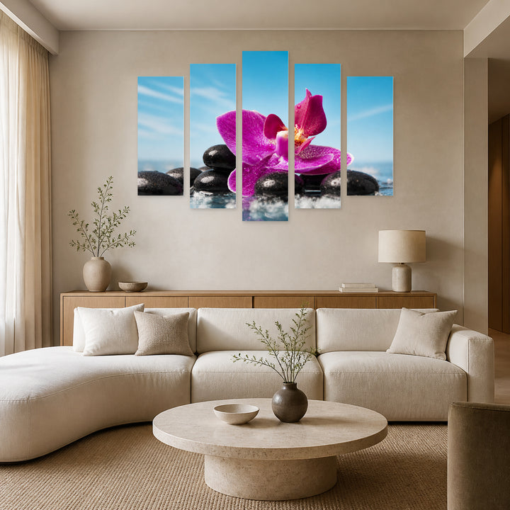 Zen Setting in Serene Light — five-panel wall art in frontal interior | 5wallart 54773 M3