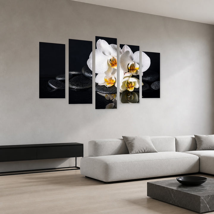 White Orchids with Black Stones in Serene Light — five-panel wall art in perspective interior | 5wallart 54774 M2