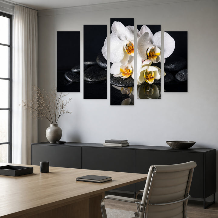 White Orchids with Black Stones in Serene Light — five-panel wall art in frontal interior | 5wallart 54774 M3