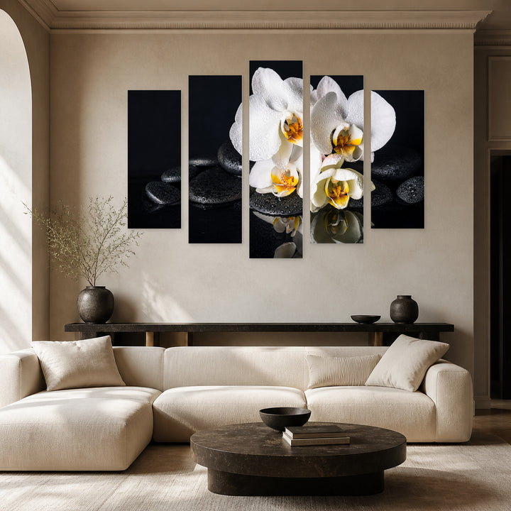 White Orchids with Black Stones in Serene Light — five-panel wall art in alternate frontal interior | 5wallart 54774 M4