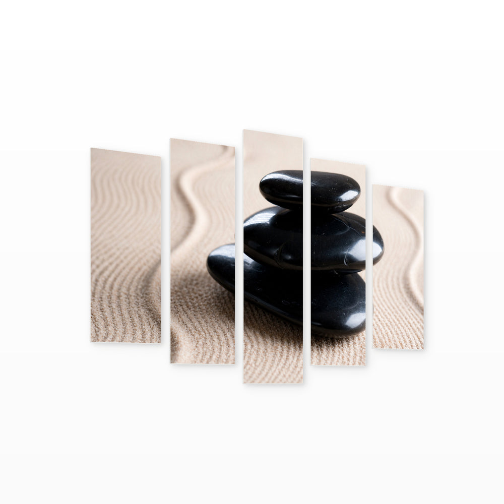 Zen Stones with Geometric Rhythm — five-panel wall art on white background in perspective | 5wallart 54775 M1