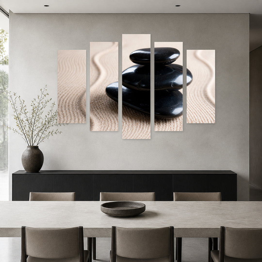 Zen Stones with Geometric Rhythm — five-panel wall art in alternate frontal interior | 5wallart 54775 M4