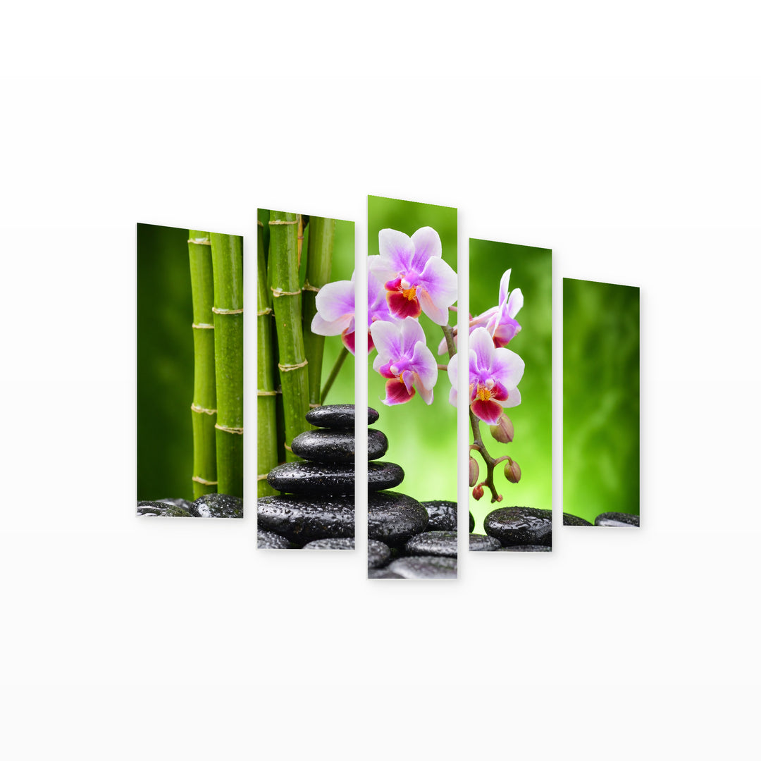 Zen Stones with Bamboo and Orchids Botanical Study — five-panel wall art on white background in perspective | 5wallart 54776 M1