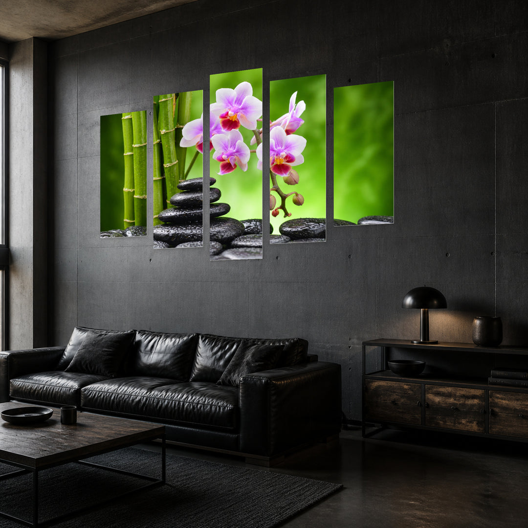 Zen Stones with Bamboo and Orchids Botanical Study — five-panel wall art in perspective interior | 5wallart 54776 M2