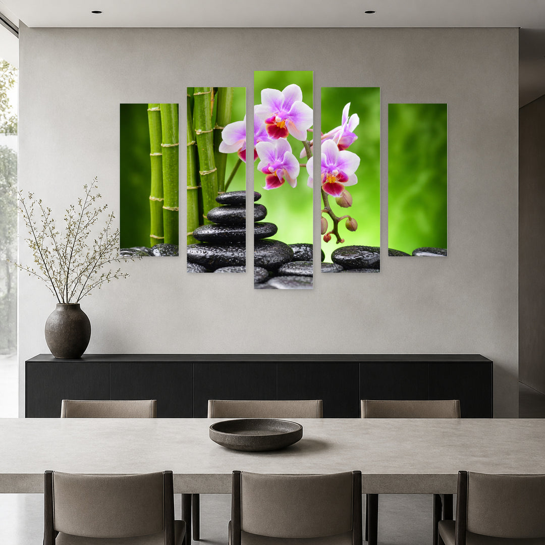 Zen Stones with Bamboo and Orchids Botanical Study — five-panel wall art in frontal interior | 5wallart 54776 M3