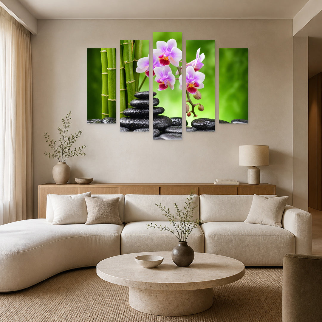 Zen Stones with Bamboo and Orchids Botanical Study — five-panel wall art in alternate frontal interior | 5wallart 54776 M4