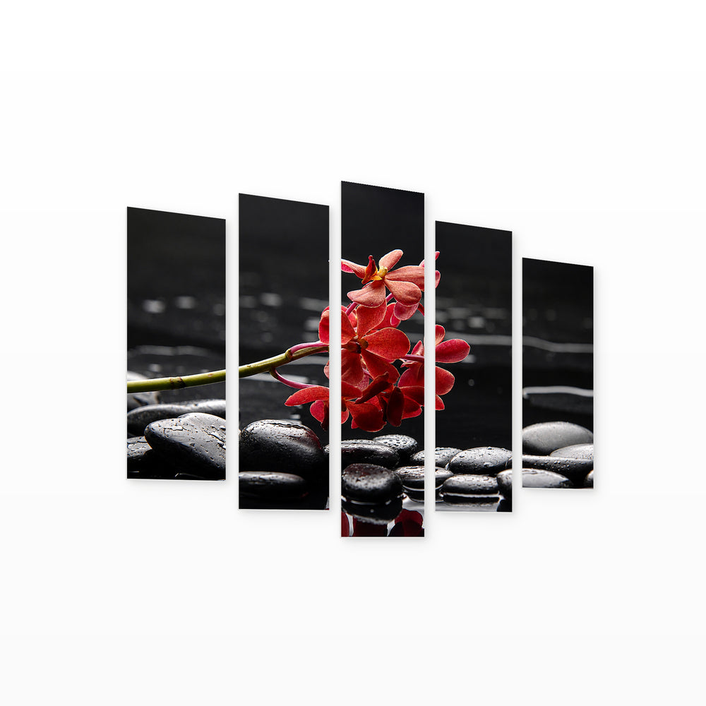 Orchid and Black Stones with Dramatic Contrast — five-panel wall art on white background in perspective | 5wallart 54777 M1