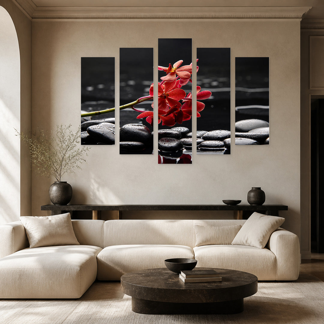 Orchid and Black Stones with Dramatic Contrast — five-panel wall art in frontal interior | 5wallart 54777 M3