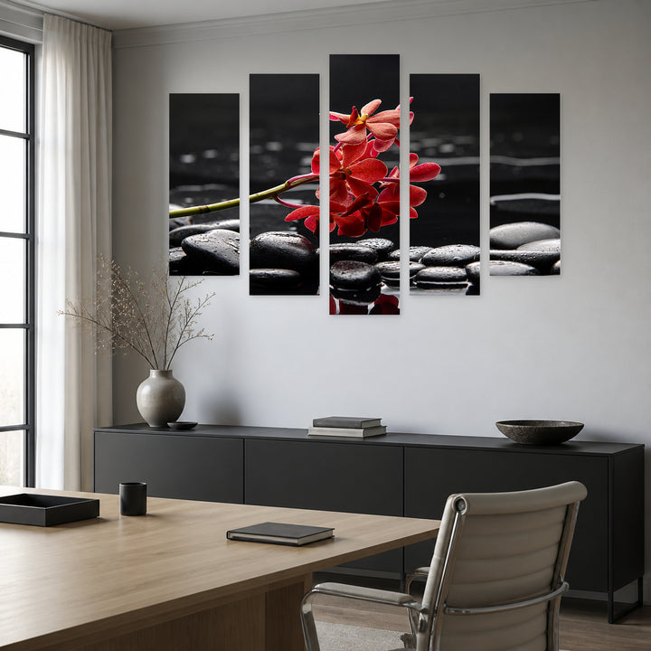 Orchid and Black Stones with Dramatic Contrast — five-panel wall art in alternate frontal interior | 5wallart 54777 M4