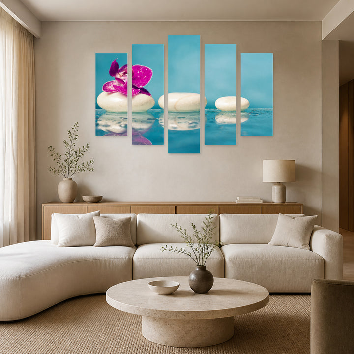 Spa Still Life with Stones with Geometric Rhythm — five-panel wall art in alternate frontal interior | 5wallart 54778 M4