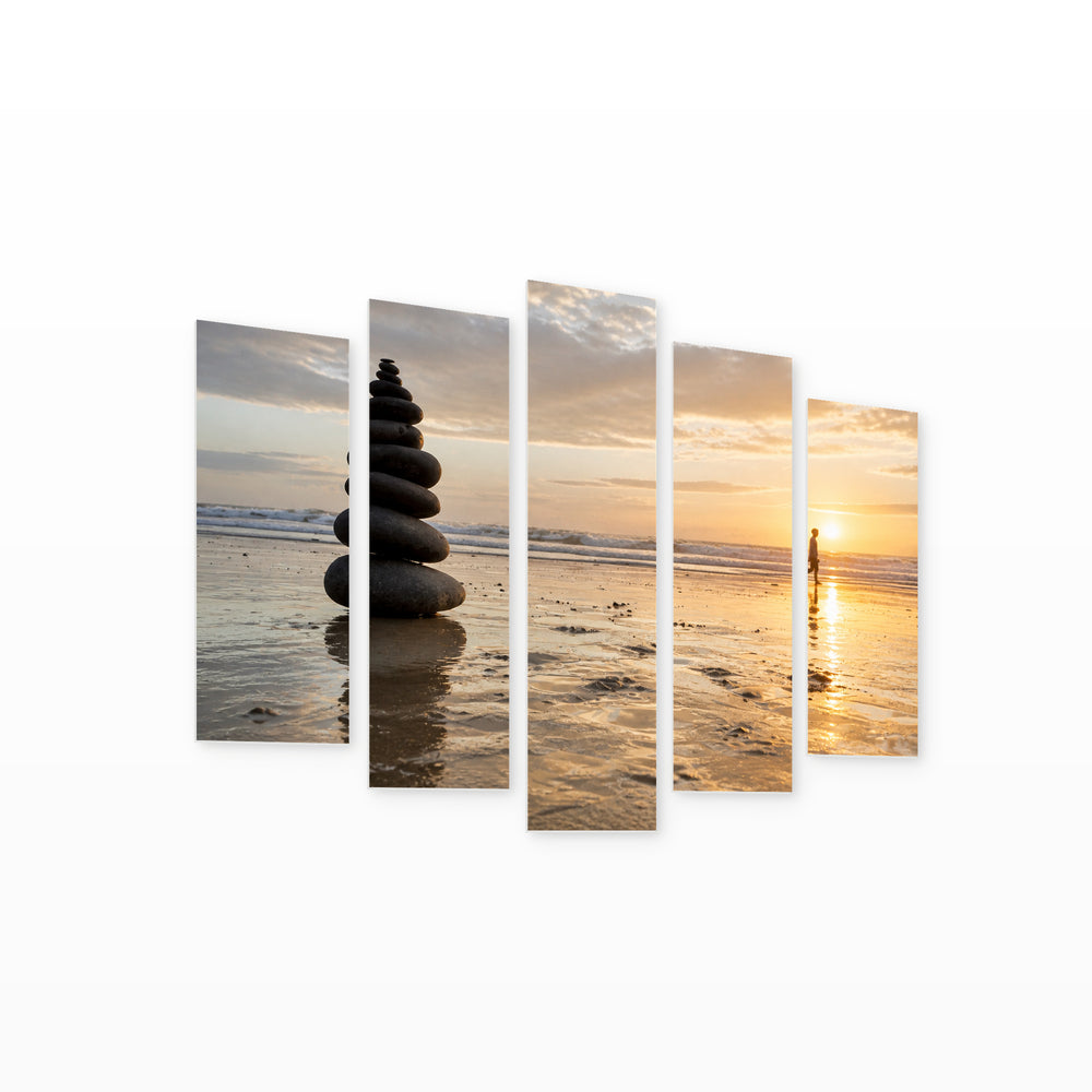 Stack of Stones on the Beach Coastal Panorama — five-panel wall art on white background in perspective | 5wallart 54779 M1