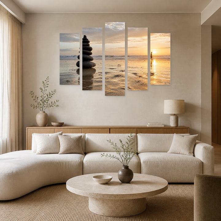 Stack of Stones on the Beach Coastal Panorama — five-panel wall art in frontal interior | 5wallart 54779 M3