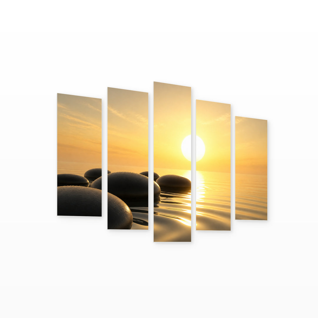 Zen Stones in Water in Serene Light — five-panel wall art on white background in perspective | 5wallart 54780 M1