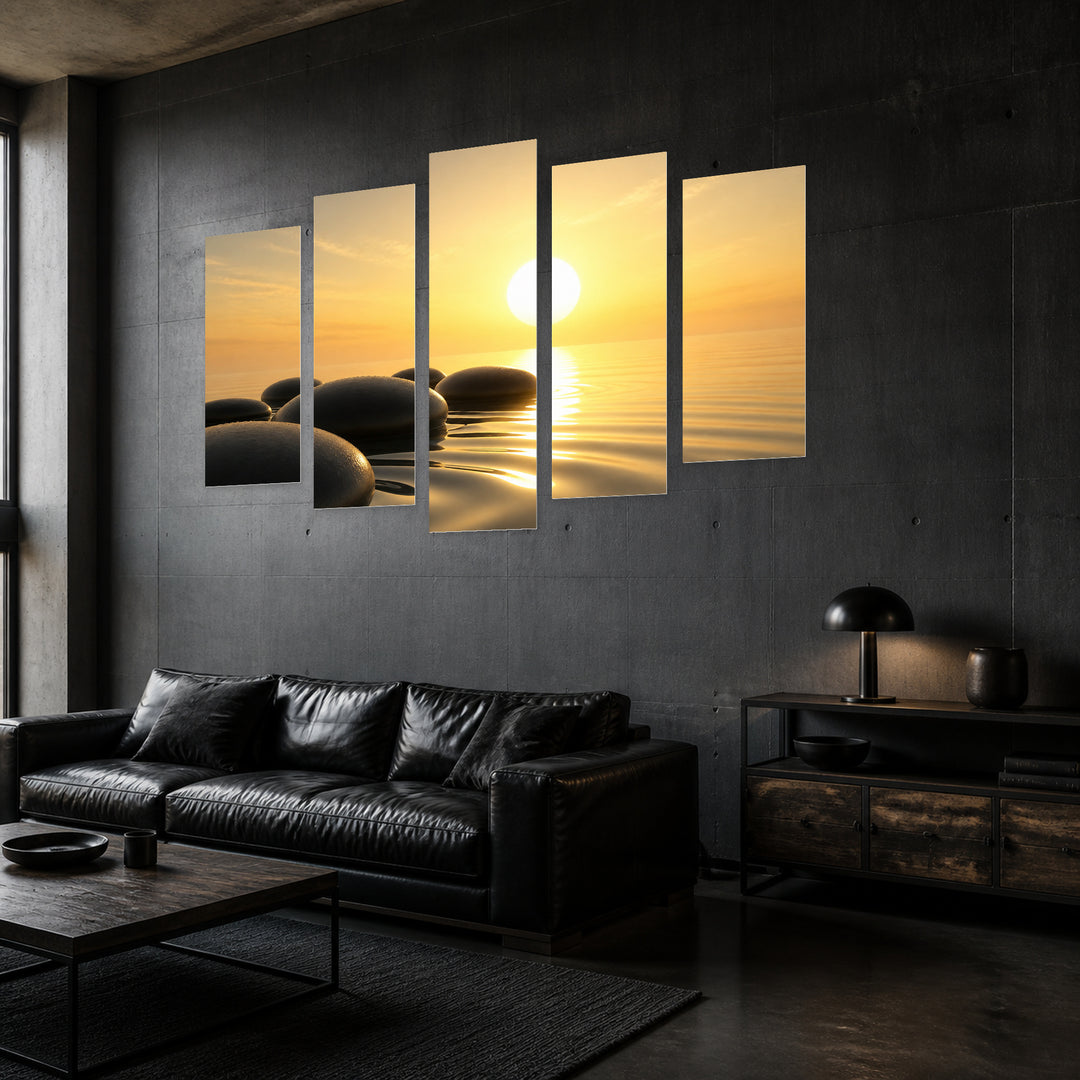 Zen Stones in Water in Serene Light — five-panel wall art in perspective interior | 5wallart 54780 M2
