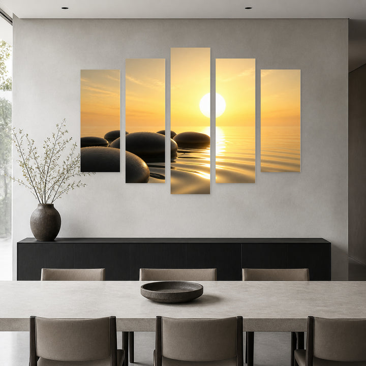 Zen Stones in Water in Serene Light — five-panel wall art in frontal interior | 5wallart 54780 M3