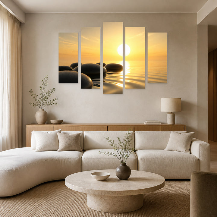 Zen Stones in Water in Serene Light — five-panel wall art in alternate frontal interior | 5wallart 54780 M4
