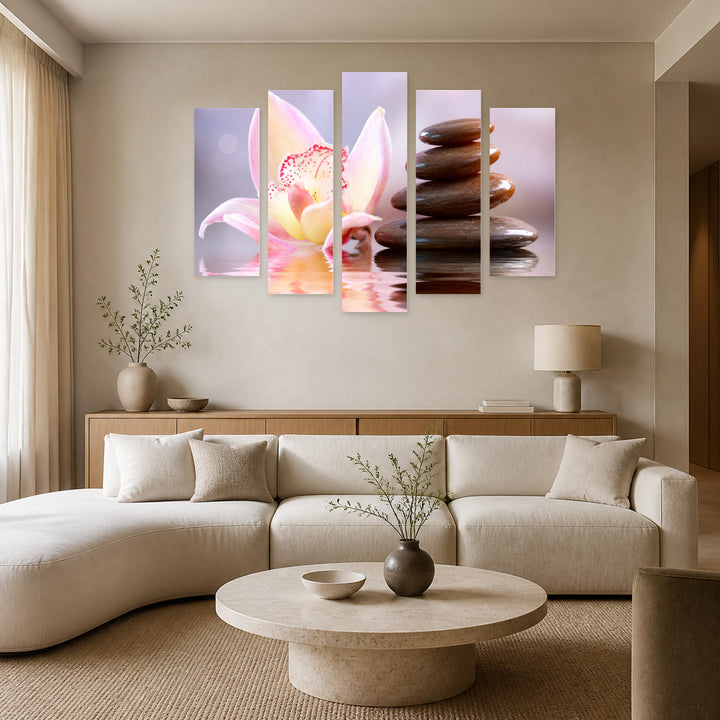 Harmony Concept with Geometric Rhythm — five-panel wall art in frontal interior | 5wallart 54781 M3