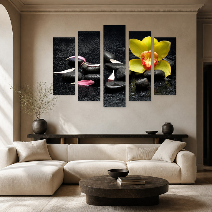 Spa Zen Stones in Serene Light — five-panel wall art in alternate frontal interior | 5wallart 54782 M4