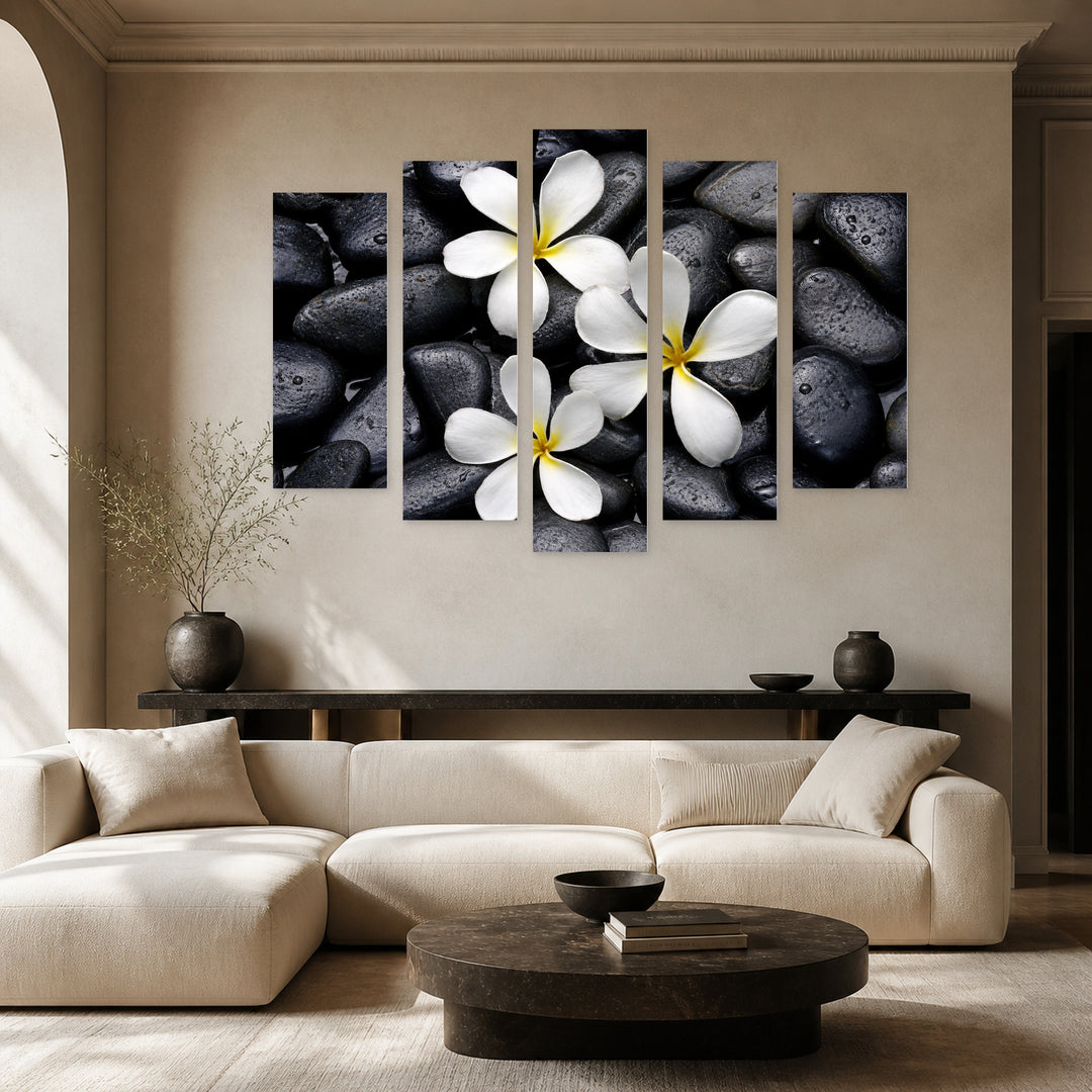 Frangipani Flower in Serene Light — five-panel wall art in frontal interior | 5wallart 54783 M3