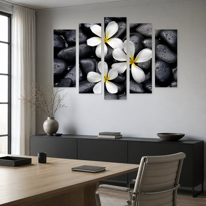 Frangipani Flower in Serene Light — five-panel wall art in alternate frontal interior | 5wallart 54783 M4