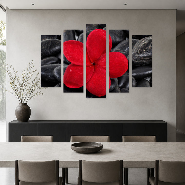 Zen Stones with Red Frangipani Flower Botanical Study — five-panel wall art in frontal interior | 5wallart 54784 M3