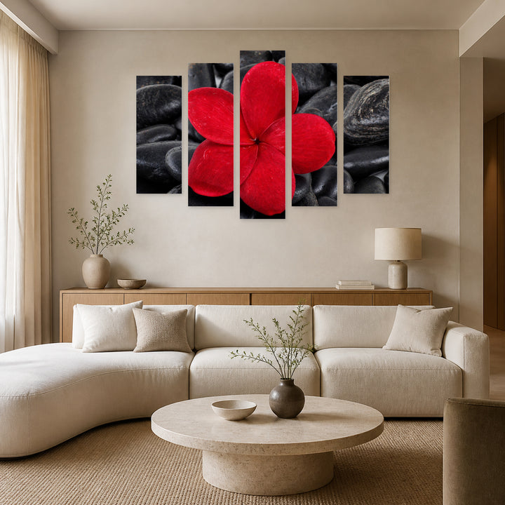 Zen Stones with Red Frangipani Flower Botanical Study — five-panel wall art in alternate frontal interior | 5wallart 54784 M4