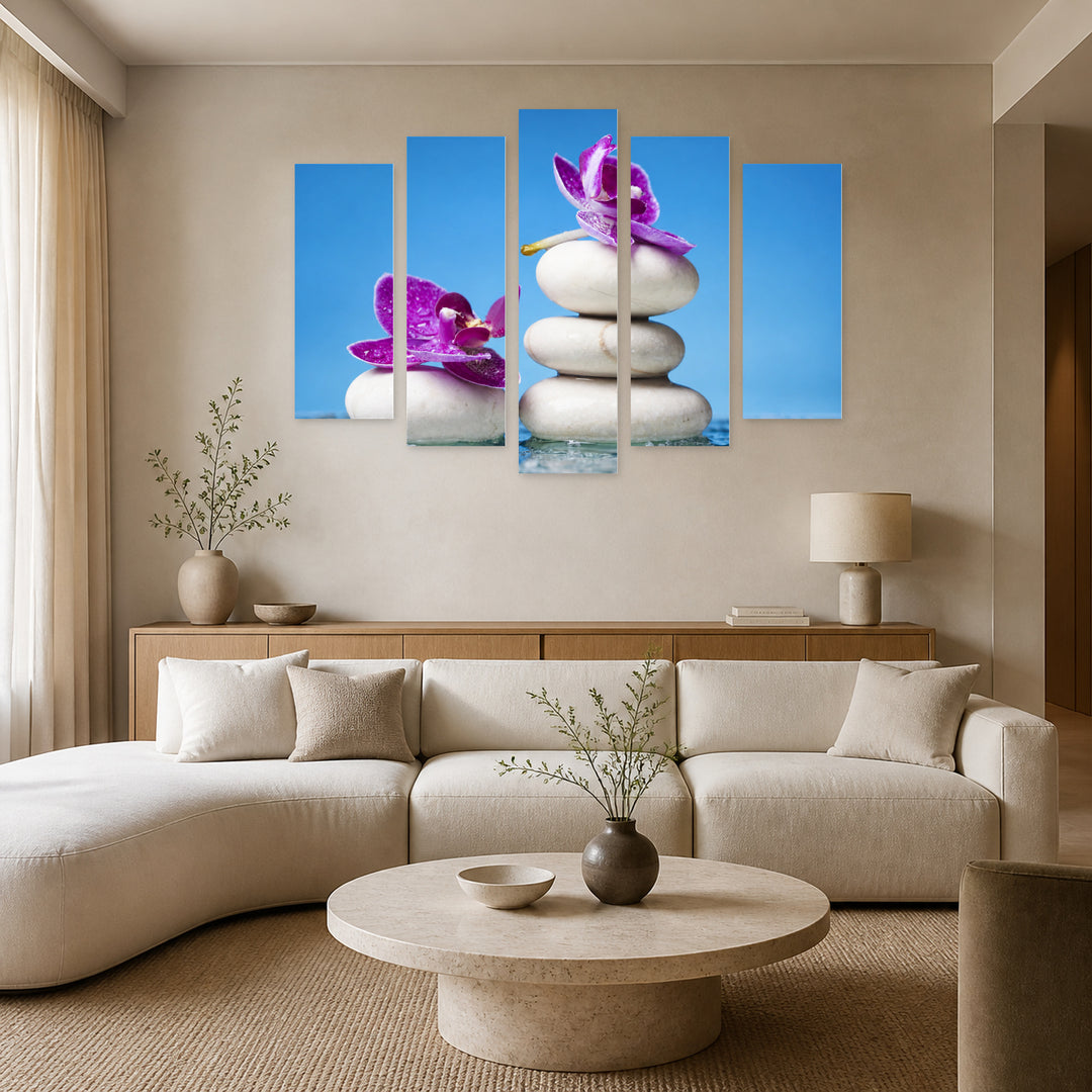 Flowers on White Stones Botanical Study — five-panel wall art in frontal interior | 5wallart 54785 M3
