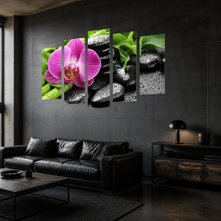 Pink Orchid with Bamboo in Serene Light — five-panel wall art in perspective interior | 5wallart 54786 M2