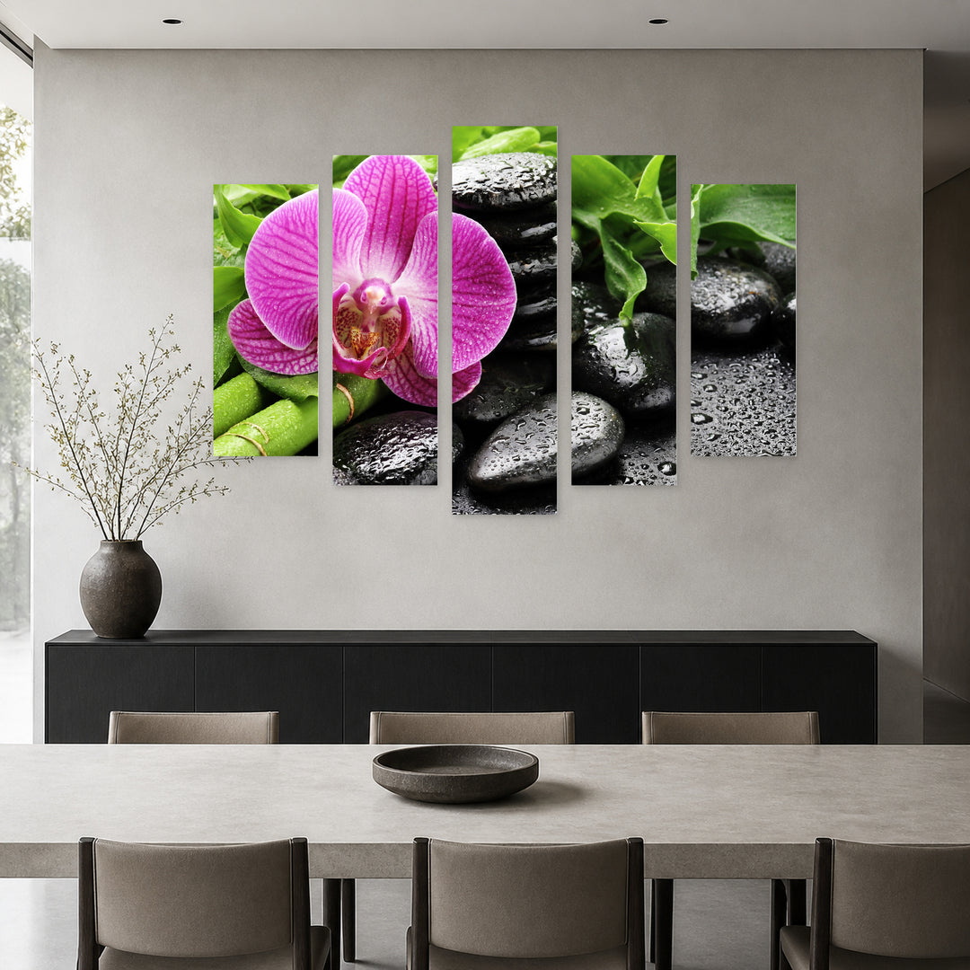 Pink Orchid with Bamboo in Serene Light — five-panel wall art in frontal interior | 5wallart 54786 M3