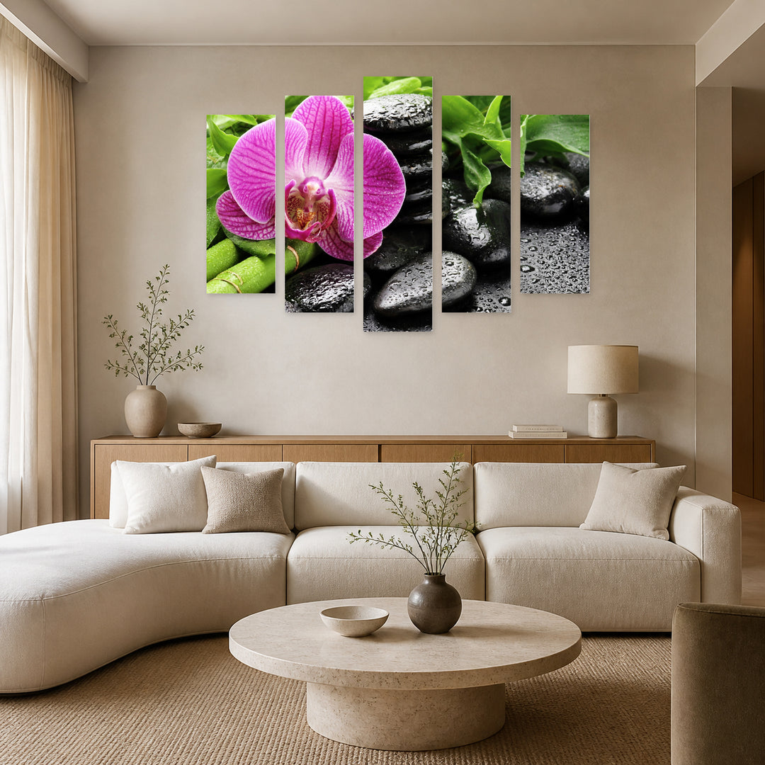 Pink Orchid with Bamboo in Serene Light — five-panel wall art in alternate frontal interior | 5wallart 54786 M4
