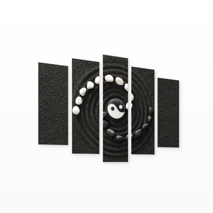 Zen Stones Yin and Yang in Serene Light — five-panel wall art on white background in perspective | 5wallart 54787 M1