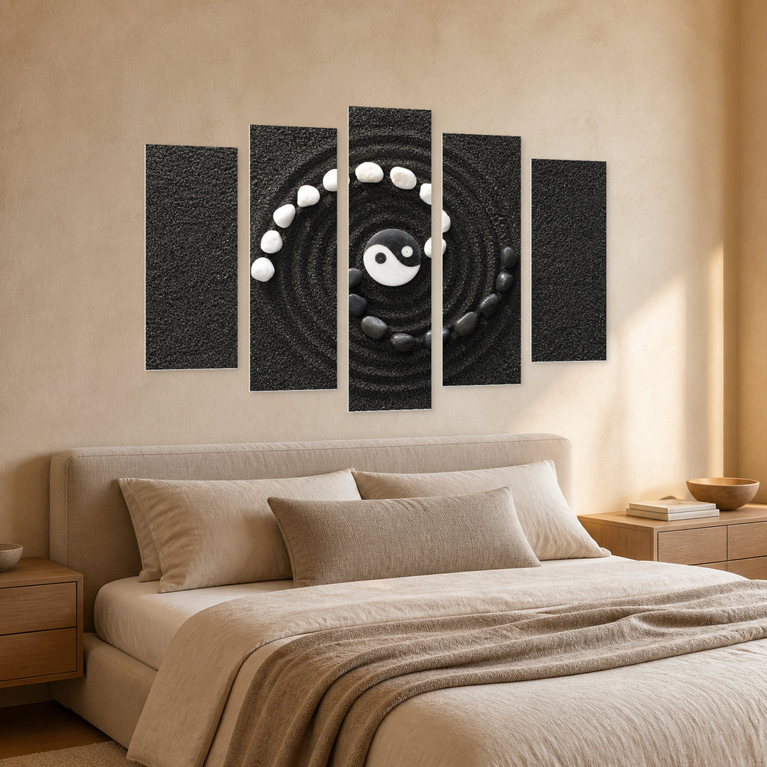 Zen Stones Yin and Yang in Serene Light — five-panel wall art in perspective interior | 5wallart 54787 M2