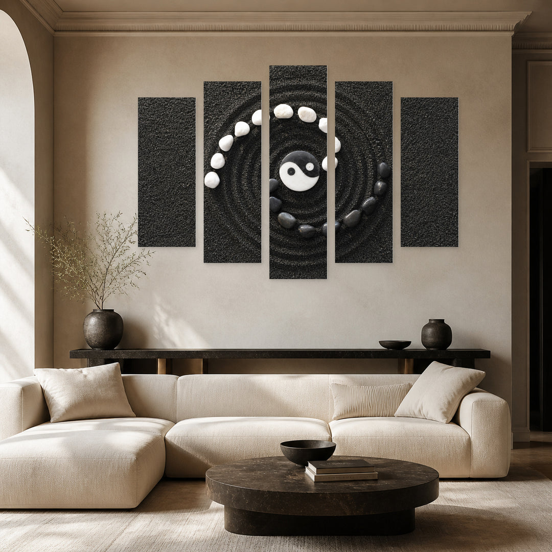 Zen Stones Yin and Yang in Serene Light — five-panel wall art in frontal interior | 5wallart 54787 M3
