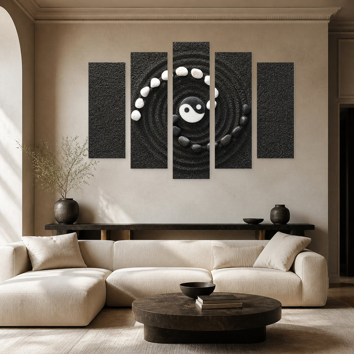 Zen Stones Yin and Yang in Serene Light — five-panel wall art in frontal interior | 5wallart 54787 M3