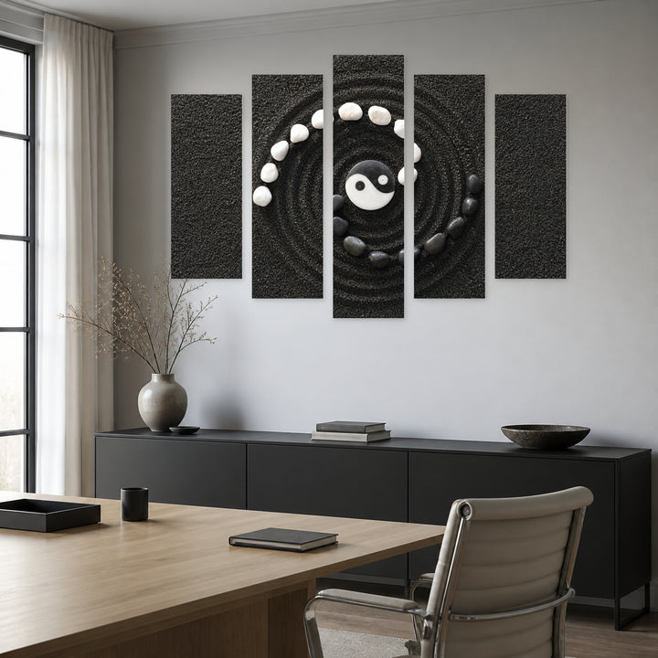 Zen Stones Yin and Yang in Serene Light — five-panel wall art in alternate frontal interior | 5wallart 54787 M4