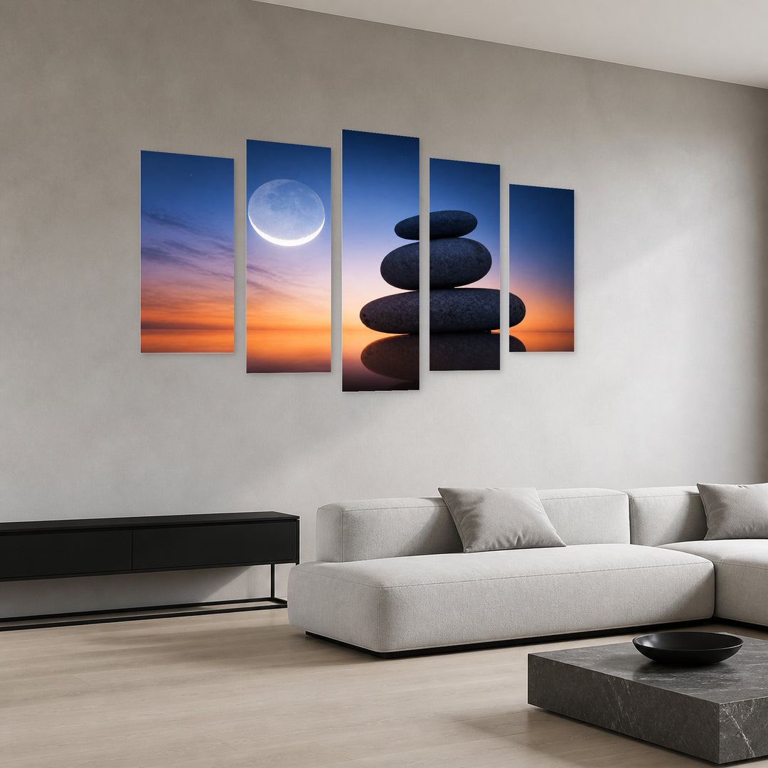 Zen Stones After Dark — five-panel wall art in perspective interior | 5wallart 54788 M2