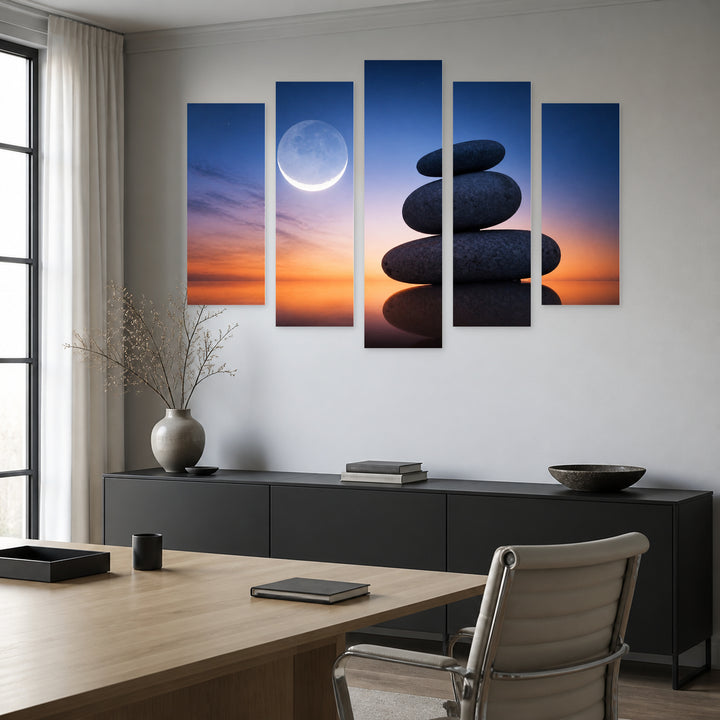 Zen Stones After Dark — five-panel wall art in frontal interior | 5wallart 54788 M3