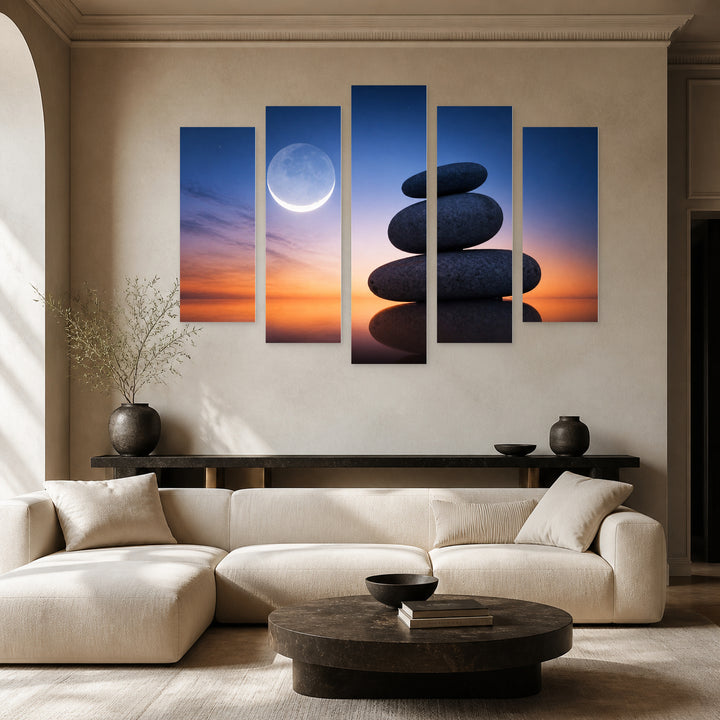 Zen Stones After Dark — five-panel wall art in alternate frontal interior | 5wallart 54788 M4