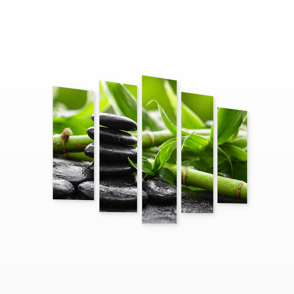 Bamboo with Spa Stones in Serene Light — five-panel wall art on white background in perspective | 5wallart 54789 M1